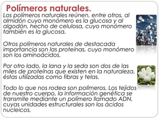 Polímeros naturales.
Los polímeros naturales reúnen, entre otros, al
almidón cuyo monómero es la glucosa y al
algodón, hecho de celulosa, cuyo monómero
también es la glucosa.
Otros polímeros naturales de destacada
importancia son las proteínas, cuyo monómero
son los aminoácidos.
Por otro lado, la lana y la seda son dos de las
miles de proteínas que existen en la naturaleza,
éstas utilizadas como fibras y telas.
Todo lo que nos rodea son polímeros. Los tejidos
de nuestro cuerpo, la información genética se
transmite mediante un polímero llamado ADN,
cuyas unidades estructurales son los ácidos
nucleicos.
 