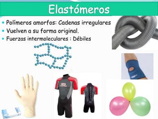  Polímeros amorfos: Cadenas irregulares
 Vuelven a su forma original.
 Fuerzas intermoleculares : Débiles
 