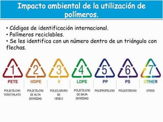 • Códigos de identificación internacional.
• Polímeros reciclables.
• Se les identifica con un número dentro de un triángulo con
flechas.
 