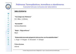 Conselho Regional de Química IV Região(SP) – Apoio: CaixaEconômicaFederal/Sinquisp
M
i
n
i
c
u
r
s
o
s	
‐
2
0
1
3
BIBLIOGRAFIA
“Tecnologia dos Polímeros”
D.C. Milles / J.H.Briston
“Kunststoffe”
Karlheinz Biederbick
“Bayer – Polyurethanes”
Bayer
“Rasterelektronenmikroskopísche Untersuchen von Kunststoffschäden”
L. Engel – H. Klingele – G. Ehrenstein – H. Schaper
Fotos diversas
Internet
Polímeros Termoplásticos, termofixos e elastômeros
Características e ensaios de laboratório
 