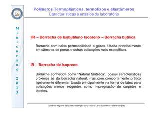 Conselho Regional de Química IV Região(SP) – Apoio: CaixaEconômicaFederal/Sinquisp
M
i
n
i
c
u
r
s
o
s	
‐
2
0
1
3
IIR – Borracha de Isobutileno Isopreno – Borracha butílica
Borracha com baixa permeabilidade a gases. Usada principalmente
em câmaras de pneus e outras aplicações mais específicas.
IR – Borracha de Isopreno
Borracha conhecida como “Natural Sintética”, possui características
próximas às da borracha natural, mas com comportamento prático
ligeiramente diferente. Usada principalmente na forma de látex para
aplicações menos exigentes como impregnação de carpetes e
tapetes.
Polímeros Termoplásticos, termofixos e elastômeros
Características e ensaios de laboratório
 
