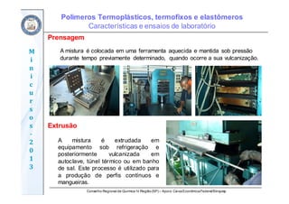 Conselho Regional de Química IV Região(SP) – Apoio: CaixaEconômicaFederal/Sinquisp
M
i
n
i
c
u
r
s
o
s	
‐
2
0
1
3
Prensagem
A mistura é colocada em uma ferramenta aquecida e mantida sob pressão
durante tempo previamente determinado, quando ocorre a sua vulcanização.
Extrusão
Polímeros Termoplásticos, termofixos e elastômeros
Características e ensaios de laboratório
A mistura é extrudada em
equipamento sob refrigeração e
posteriormente vulcanizada em
autoclave, túnel térmico ou em banho
de sal. Este processo é utilizado para
a produção de perfis contínuos e
mangueiras.
 