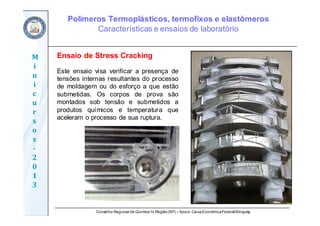 Conselho Regional de Química IV Região(SP) – Apoio: CaixaEconômicaFederal/Sinquisp
M
i
n
i
c
u
r
s
o
s	
‐
2
0
1
3
Ensaio de Stress Cracking
Este ensaio visa verificar a presença de
tensões internas resultantes do processo
de moldagem ou do esforço a que estão
submetidas. Os corpos de prova são
montados sob tensão e submetidos a
produtos químicos e temperatura que
aceleram o processo de sua ruptura.
Polímeros Termoplásticos, termofixos e elastômeros
Características e ensaios de laboratório
 