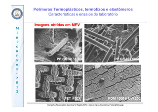 Conselho Regional de Química IV Região(SP) – Apoio: CaixaEconômicaFederal/Sinquisp
M
i
n
i
c
u
r
s
o
s	
‐
2
0
1
3
Imagens obtidas em MEV
PP GF 30 / 550X PP GF 30 / 600X
PET / 52X POM 1000 h UV/ 200X
Polímeros Termoplásticos, termofixos e elastômeros
Características e ensaios de laboratório
 