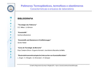 Conselho Regional de Química IV Região(SP) – Apoio: CaixaEconômicaFederal/Sinquisp
M
i
n
i
c
u
r
s
o
s	
‐
2
0
1
3
BIBLIOGRAFIA
“Tecnologia dos Polímeros”
D.C. Milles / J.H.Briston
“Kunststoffe”
KarlheinzBiederbick
“Kunststoffe und Elastomere in Kraftfahrzeugen”
Günter Walter
“Curso de Tecnologia da Borracha”
Enyo Caetano Grison - Eugenio Hoinacki - José Antonio Barcellos de Mello.
“Rasterelektronenmikroskopísche Untersuchenvon Kunststoffschäden”
L. Engel – H. Klingele – G. Ehrenstein – H.Schaper
Polímeros Termoplásticos, termofixos e elastômeros
Características e ensaios de laboratório
 