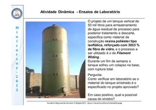 Conselho Regional de Química IV Região(SP) – Apoio: CaixaEconômicaFederal/Sinquisp
M
i
n
i
c
u
r
s
o
s	
‐
2
0
1
3
Atividade Dinâmica - Ensaios de Laboratório
O projeto de um tanque vertical de
50 mil litros para armazenamento
de água residual de processo para
posterior tratamento e descarte,
especifica como material de
construção resina poliéster tipo
isoftálica, reforçado com 30±3 %
de fibra de vidro, e o processo a
ser utilizado é o de Filament
Widing .
Durante um fim de semana o
tanque sofreu um colapso na base,
com ruptura total.
Pergunta:
Como verificar em laboratório se o
material do tanque sinistrado é o
especificado no projeto aprovado?
Em caso positivo, qual a possível
causa do sinistro?
 