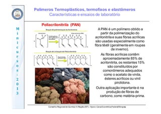 Conselho Regional de Química IV Região(SP) – Apoio: CaixaEconômicaFederal/Sinquisp
M
i
n
i
c
u
r
s
o
s	
‐
2
0
1
3
A PAN é um polímero obtido a
partir da polimerização do
acrilonitrila e suas fibras acrílicas
são usadas especialmente como
fibra têxtil (geralmente em roupas
de inverno).
As fibras acrílicas contêm
aproximadamente 85% de
acrilonitrila, os restantes 15%
são constituídos por
comonômeros adequados
como o acetato de vinila,
ésteres acrílicos ou vinil
pirolidona.
Outra aplicação importante é na
produção de fibras de
carbono, como matéria-prima.
Poliacrilonitrila (PAN)
Polímeros Termoplásticos, termofixos e elastômeros
Características e ensaios de laboratório
 