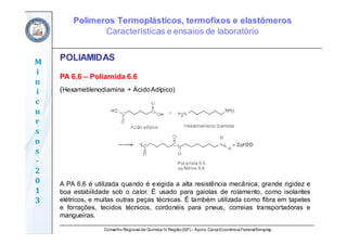 Conselho Regional de Química IV Região(SP) – Apoio: CaixaEconômicaFederal/Sinquisp
M
i
n
i
c
u
r
s
o
s	
‐
2
0
1
3
POLIAMIDAS
PA 6.6 – Poliamida 6.6
(Hexametilenodiamina + ÁcidoAdípico)
A PA 6,6 é utilizada quando é exigida a alta resistência mecânica, grande rigidez e
boa estabilidade sob o calor. É usado para gaiolas de rolamento, como isolantes
elétricos, e muitas outras peças técnicas. É também utilizada como fibra em tapetes
e forrações, tecidos técnicos, cordonéis para pneus, correias transportadoras e
mangueiras.
Polímeros Termoplásticos, termofixos e elastômeros
Características e ensaios de laboratório
 