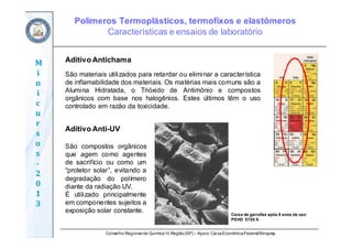 Conselho Regional de Química IV Região(SP) – Apoio: CaixaEconômicaFederal/Sinquisp
M
i
n
i
c
u
r
s
o
s	
‐
2
0
1
3
Aditivo Antichama
São materiais utilizados para retardar ou eliminar a característica
de inflamabilidade dos materiais. Os matérias mais comuns são a
Alumina Hidratada, o Trióxido de Antimônio e compostos
orgânicos com base nos halogênios. Estes últimos têm o uso
controlado em razão da toxicidade.
Aditivo Anti-UV
São compostos orgânicos
que agem como agentes
de sacrifício ou como um
“protetor solar”, evitando a
degradação do polímero
diante da radiação UV.
É utilizado principalmente
em componentes sujeitos a
exposição solar constante.
Caixa de garrafas após 8 anos de uso
PEHD 5700 X
Polímeros Termoplásticos, termofixos e elastômeros
Características e ensaios de laboratório
 