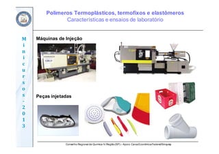 Conselho Regional de Química IV Região(SP) – Apoio: CaixaEconômicaFederal/Sinquisp
M
i
n
i
c
u
r
s
o
s	
‐
2
0
1
3
Máquinas de Injeção
Peças injetadas
Polímeros Termoplásticos, termofixos e elastômeros
Características e ensaios de laboratório
 