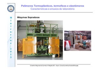 Conselho Regional de Química IV Região(SP) – Apoio: CaixaEconômicaFederal/Sinquisp
M
i
n
i
c
u
r
s
o
s	
‐
2
0
1
3
Máquinas Sopradoras
Polímeros Termoplásticos, termofixos e elastômeros
Características e ensaios de laboratório
 