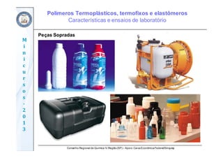 Conselho Regional de Química IV Região(SP) – Apoio: CaixaEconômicaFederal/Sinquisp
M
i
n
i
c
u
r
s
o
s	
‐
2
0
1
3
Peças Sopradas
Polímeros Termoplásticos, termofixos e elastômeros
Características e ensaios de laboratório
 