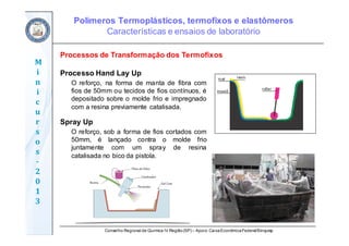 Conselho Regional de Química IV Região(SP) – Apoio: CaixaEconômicaFederal/Sinquisp
M
i
n
i
c
u
r
s
o
s	
‐
2
0
1
3
Processos de Transformação dos Termofixos
Processo Hand Lay Up
O reforço, na forma de manta de fibra com
fios de 50mm ou tecidos de fios contínuos, é
depositado sobre o molde frio e impregnado
com a resina previamente catalisada.
Spray Up
O reforço, sob a forma de fios cortados com
50mm, é lançado contra o molde frio
juntamente com um spray de resina
catalisada no bico da pistola.
Polímeros Termoplásticos, termofixos e elastômeros
Características e ensaios de laboratório
 