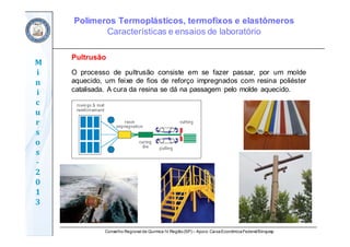 Conselho Regional de Química IV Região(SP) – Apoio: CaixaEconômicaFederal/Sinquisp
M
i
n
i
c
u
r
s
o
s	
‐
2
0
1
3
Pultrusão
O processo de pultrusão consiste em se fazer passar, por um molde
aquecido, um feixe de fios de reforço impregnados com resina poliéster
catalisada. A cura da resina se dá na passagem pelo molde aquecido.
Polímeros Termoplásticos, termofixos e elastômeros
Características e ensaios de laboratório
 