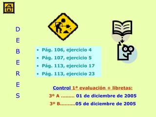   Pág. 106, ejercicio 4   Pág. 107, ejercicio 5   Pág. 113, ejercicio 17   Pág. 113, ejercicio 23 Control  1ª evaluación + libretas: 3º A ………  01 de diciembre de 2005 3º B.…...… 05 de diciembre de 2005 D E B E R E S 
