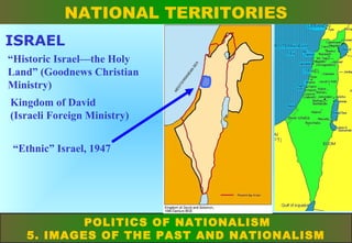 NATIONAL TERRITORIES
ISRAEL
“Historic Israel—the Holy
Land” (Goodnews Christian
Ministry)
Kingdom of David
(Israeli Foreign Ministry)
“Ethnic” Israel, 1947

POLITICS OF NATIONALISM
5. IMAGES OF THE PAST AND NATIONALISM

 