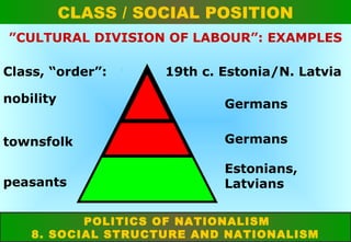 CLASS / SOCIAL POSITION
”CULTURAL DIVISION OF LABOUR”: EXAMPLES
Class, “order”:

19th c. Estonia/N. Latvia

nobility

Germans

townsfolk

Germans

peasants

Estonians,
Latvians

POLITICS OF NATIONALISM
8. SOCIAL STRUCTURE AND NATIONALISM

 