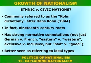 GROWTH OF NATIONALISM
ETHNIC v. CIVIC NATIONS?
• Commonly referred to as the “Kohn
dichotomy” after Hans Kohn (1944)
• In fact, nineteenth-century roots
• Has strong normative connotations (not just
German v. French, “eastern” v. “western”,
exclusive v. inclusive, but “bad” v. “good”)
• Better seen as referring to ideal types
POLITICS OF NATIONALISM
10. EXPLAINING NATIONALISM

 