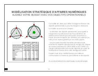 MODÉLISATION STRATÉGIQUE D’AFFAIRES NUMÉRIQUES
ALIGNEZ VOTRE BUDGET AVEC VOS OBJECTIFS OPÉRATIONNELS
Ce modèle est utilisé pour déﬁnir le budget en fonction des
objectifs opérationnels; ou pour les réaligner si nécessaire.
Le modèle se construit en 2 étapes :
- Le déﬁnition des objectifs opérationnels (aussi appelé le
triangle de la nouvelle économie). Nous identiﬁons les
relations entre l’activité que votre public consomme au
travers de votre entreprise (ses données), son audience (ou
traﬁc), et ses revenus générés par ses clients payants.
- Les principales données ﬁnancières viennent ensuite
encercler les objectifs opérationnels (le triangle) aﬁn d’aligner
de manière cohérente les OPEX, BAIIA et les CAPEX. Les
charges opérationnelles sont ensuite réparties par poste de
l’entreprise en fonction de la votre stratégie de marché.
L’aspect visuel de ce modèle favorise une meilleure
communication à l’interne du plan d’affaires et des objectifs.
PLUS D’INFORMATION DISPONIBLE SUR DEMANDE
26
 