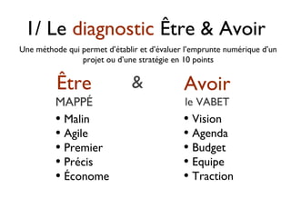 1/ Le diagnostic Être & Avoir
• Malin
• Agile
• Premier
• Précis
• Économe
Être
MAPPÉ
• Vision
• Agenda
• Budget
• Equipe
• Traction
Avoir
le VABET
&
Une méthode qui permet d’établir et d’évaluer l’emprunte numérique d’un
projet ou d’une stratégie en 10 points
 