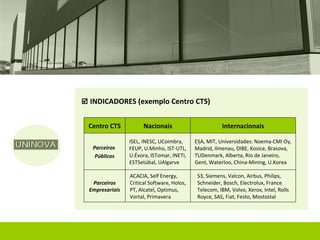  INDICADORES (exemplo Centro CTS)


 Centro CTS            Nacionais                        Internacionais

                 ISEL, INESC, UCoimbra,      ESA, MIT, Universidades: Noema-CMI Oy,
   Parceiros     FEUP, U.Minho, IST-UTL,     Madrid, Ilmenau, DIBE, Kosice, Brasova,
    Públicos     U.Évora, ISTomar, INETI,    TUDenmark, Alberta, Rio de Janeiro,
                 ESTSetúbal, UAlgarve        Gent, Waterloo, China-Mining, U.Korea

                 ACACIA, Self Energy,         S3, Siemens, Valcon, Airbus, Philips,
   Parceiros     Critical Software, Holos,    Schneider, Bosch, Electrolux, France
  Empresariais   PT, Alcatel, Optimus,        Telecom, IBM, Volvo, Xerox, Intel, Rolls
                 Vortal, Primavera            Royce, SAS, Fiat, Festo, Mostostal
 