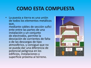 COMO ESTA COMPUESTA
• La puesta a tierra es una unión
  de todos los elementos metálicos
  que,
  mediante cables de sección sufici
  ente entre las partes de una
  instalación y un conjunto
  de electrodos, permite la
  desviación de corrientes de falta
  o de las descargas de tipo
  atmosférico, y consigue que no
  se pueda dar una diferencia de
  potencial peligrosa en los
  edificios, instalaciones y
  superficie próxima al terreno.
 