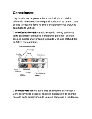 Conexiones:
Hay dos clases de polos a tierra: vertical y horizontal.la
diferencia no es mucha solo que el horizontal se usa en caso
de que la capa de tierra no sea lo suficientemente profunda
para hacerlo vertical.
Conexión horizontal: se utiliza cuando no hay suficiente
tierra para hacer un hueco lo suficiente profundo, en este
caso se inserta una varilla en forma de L en una profundidad
de 50cm como mínimo.




Conexión vertical: es aquel que en su forma es vertical y
viene recorriendo desde el panel de distribución de energía
hasta la parte subterránea de un área comercial o residencial.
 
