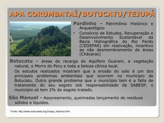 AAPPAA CCOORRUUMMBBAATTAAÍÍ//BBOOTTUUCCAATTUU//TTEEJJUUPPÁÁ 
Botucatu - áreas de recarga do Aqüífero Guarani, a vegetação 
natural, o Morro do Peru e toda a beleza cênica local. 
• Os estudos realizados mostram que a erosão do solo é um dos 
principais problemas ambientais que ocorrem no município de 
Botucatu. Outro grande problema que o município tem é a falta de 
tratamento do seu esgoto sob responsabilidade da SABESP, o 
município só tem 2% do esgoto tratado. 
São Manuel - Assoreamento, queimadas lançamento de resíduos 
sólidos e líquidos. 
Pardinho - Patrimônio Histórico e 
Arqueológico 
• Consórcio de Estudos, Recuperação e 
Desenvolvimento Sustentável da 
Bacia Hidrográfica do Rio Pardo 
(CEDEPAR) em reativação, incentivo 
ao não desmembramento de áreas 
(Chácaras) 
Fonte: http://www.soscuesta.org.br/apa_historico.htm 
 