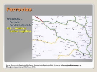 FFeerrrroovviiaass 
FERROBAN – 
Ferrovia 
Bandeirantes S.A 
AALLLL –– AAmméérriiccaa 
LLaattiinnaa LLooggííssttiiccaa 
Fonte: Governo do Estado de São Paulo, Secretaria de Estado do Meio Ambiente. Informações Básicas para o 
Planejamento Ambiental. São Paulo, 2002. 
 