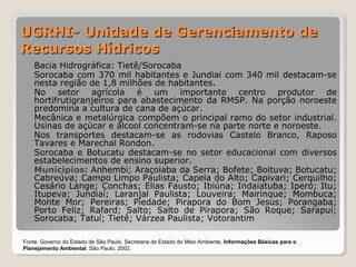 UUGGRRHHII-- UUnniiddaaddee ddee GGeerreenncciiaammeennttoo ddee 
RReeccuurrssooss HHííddrriiccooss 
• Bacia Hidrográfica: Tietê/Sorocaba 
• Sorocaba com 370 mil habitantes e Jundiaí com 340 mil destacam-se 
nesta região de 1,8 milhões de habitantes. 
• No setor agrícola é um importante centro produtor de 
hortifrutigranjeiros para abastecimento da RMSP. Na porção noroeste 
predomina a cultura de cana de açúcar. 
• Mecânica e metalúrgica compõem o principal ramo do setor industrial. 
Usinas de açúcar e álcool concentram-se na parte norte e noroeste. 
• Nos transportes destacam-se as rodovias Castelo Branco, Raposo 
Tavares e Marechal Rondon. 
• Sorocaba e Botucatu destacam-se no setor educacional com diversos 
estabelecimentos de ensino superior. 
• Municípios: Anhembi; Araçoiaba da Serra; Bofete; Boituva; Botucatu; 
Cabreúva; Campo Limpo Paulista; Capela do Alto; Capivari; Cerquilho; 
Cesário Lange; Conchas; Elias Fausto; Ibiúna; Indaiatuba; Iperó; Itu; 
Itupeva; Jundiaí; Laranjal Paulista; Louveira; Mairinque; Mombuca; 
Monte Mor; Pereiras; Piedade; Pirapora do Bom Jesus; Porangaba; 
Porto Feliz; Rafard; Salto; Salto de Pirapora; São Roque; Sarapuí; 
Sorocaba; Tatuí; Tietê; Várzea Paulista; Votorantim 
Fonte: Governo do Estado de São Paulo, Secretaria de Estado do Meio Ambiente. Informações Básicas para o 
Planejamento Ambiental. São Paulo, 2002. 
 