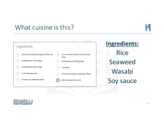 What	cuisine	is	this?
Ingredients:
Rice
Seaweed
Wasabi
Soy	sauce
25
http://allrecipes.com/recipe/189477/california-roll-sushi/
 