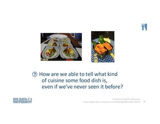 26
How	are	we	able	to	tell	what	kind	
of	cuisine	some	food	dish	is,
even	if	we’ve	never	seen	it	before?
Schellack at English	Wikipedia
https://www.flickr.com/photos/10559879@N00/4004745542
 