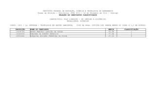 INSTITUTO FEDERAL DE EDUCAÇÃO, CIÊNCIA E TECNOLOGIA DE PERNAMBUCO
                         Exame de Seleção / Vestibular IFPE 2013 - 16 de Dezembro de 2012 - Domingo
                                             RELAÇÃO DE CANDIDATOS CLASSIFICADOS

                                    CAMPUS/POLO: POLO LIMOEIRO - PE (ENSINO A DISTÂNCIA)
                                                    MODALIDADE: SUPERIOR

CURSO: 1601 - 1a. ENTRADA - TECNOLOGIA EM GESTÃO AMBIENTAL   TIPO DE VAGA: COTISTA SIM (RENDA MENOR OU IGUAL A 1,5 SM OUTROS)

    INSCRIÇÃO     NOME DO CANDIDATO                                                        MEDIA         CLASSIFICAÇÃO
     13008766     BRUNO MARCELO LARDIÃO DE SOUZA                                           50.98               1
    13044004      FABIANA DE PONTES HERACLIO                                               37.68               2
    13053280      EZEQUIEL EDILENO FERREIRA DA SILVA                                       37.04               3
 