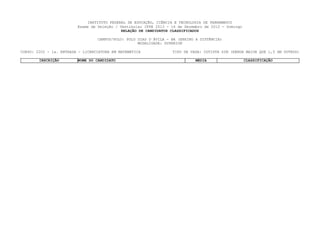 INSTITUTO FEDERAL DE EDUCAÇÃO, CIÊNCIA E TECNOLOGIA DE PERNAMBUCO
                         Exame de Seleção / Vestibular IFPE 2013 - 16 de Dezembro de 2012 - Domingo
                                             RELAÇÃO DE CANDIDATOS CLASSIFICADOS

                                  CAMPUS/POLO: POLO DIAS D´ÁVILA - BA (ENSINO A DISTÂNCIA)
                                                    MODALIDADE: SUPERIOR

CURSO: 2202 - 1a. ENTRADA - LICENCIATURA EM MATEMÁTICA             TIPO DE VAGA: COTISTA SIM (RENDA MAIOR QUE 1,5 SM OUTROS)

        INSCRIÇÃO        NOME DO CANDIDATO                                    MEDIA                   CLASSIFICAÇÃO
 