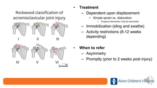 • Treatment
– Dependent upon displacement
• Simple sprain vs. dislocation
– Surgical intervention may be warranted
– Immobilization (sling and swathe)
– Activity restrictions (8-12 weeks
depending)
• When to refer
– Asymmetry
– Promptly (prior to 2 weeks post injury)
 