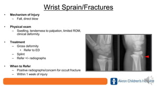 Wrist Sprain/Fractures
• Mechanism of Injury
– Fall, direct blow
• Physical exam
– Swelling, tenderness to palpation, limited ROM,
clinical deformity
• Treatment
– Gross deformity
• Refer to ED
– Splint
– Refer +/- radiographs
• When to Refer
– Positive radiographs/concern for occult fracture
– Within 1 week of injury
 