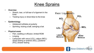 Knee Sprains
• Overview
– Stretch, tear, or full tear of a ligament in the
knee
– Twisting injury or direct blow to the knee
• Epidemiology
– Adolescent athletes at puberty
– Sprinting, kicking a ball, swinging a bat
• Physical exam
– Pain, swelling or effusion, limited ROM
– Limping
– Laxity/pain with varus (LCL), valgus (MCL)
stress testing or anterior (ACL), posterior
(PCL) drawer testing
 