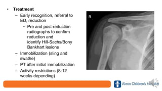 • Treatment
– Early recognition, referral to
ED, reduction
• Pre and post-reduction
radiographs to confirm
reduction and
identify Hill-Sachs/Bony
Bankhart lesions
– Immobilization (sling and
swathe)
– PT after initial immobilization
– Activity restrictions (8-12
weeks depending)
 