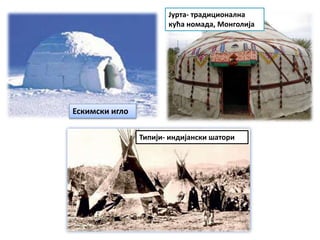 Ескимски игло
Типији- индијански шатори
Јурта- традиционална
кућа номада, Монголија
 