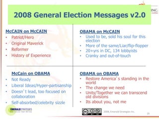 2008, Emerald Strategies Inc.
19
2008 General Election Messages v2.0
McCAIN on McCAIN
• Patriot/Hero
• Original Maverick
• Reformer
• History of Experience
McCain on OBAMA
• Not Ready
• Liberal Ideas/Hyper-partisanship
• Doesn’t lead, too focused on
collaboration
• Self-absorbed/celebrity sizzle
OBAMA on McCAIN
• Used to be, sold his soul for this
election
• More of the same/Liar/flip-flopper
• 20+yrs in DC, 134 lobbyists
• Cranky and out-of-touch
OBAMA on OBAMA
• Restore America’s standing in the
world
• The change we need
• Unity/Together we can transcend
old divisions
• Its about you, not me
 