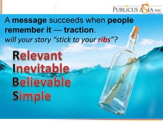 A message succeeds when people
remember it — traction.
will your story “stick to your ribs”?
 