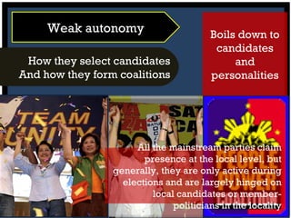How they select candidates And how they form coalitions Weak autonomy Boils down to candidates and personalities All the mainstream parties claim presence at the local level, but generally, they are only active during elections and are largely hinged on local candidates or member-politicians in the locality 