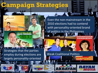 Campaign Strategies Strategies that the parties employ during elections are largely personality-oriented Even the non-mainstream in the 2010 elections had to contend with personality-oriented brand of politics in the Philippines Weak Coalitional Politics  