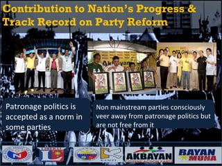 Contribution to Nation’s Progress &  Track Record on Party Reform Patronage politics is accepted as a norm in some parties Non mainstream parties consciously veer away from patronage politics but are not free from it 