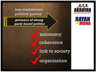 non-mainstream  political parties presence of strong  party-based politics autonomy coherence link to society organization 