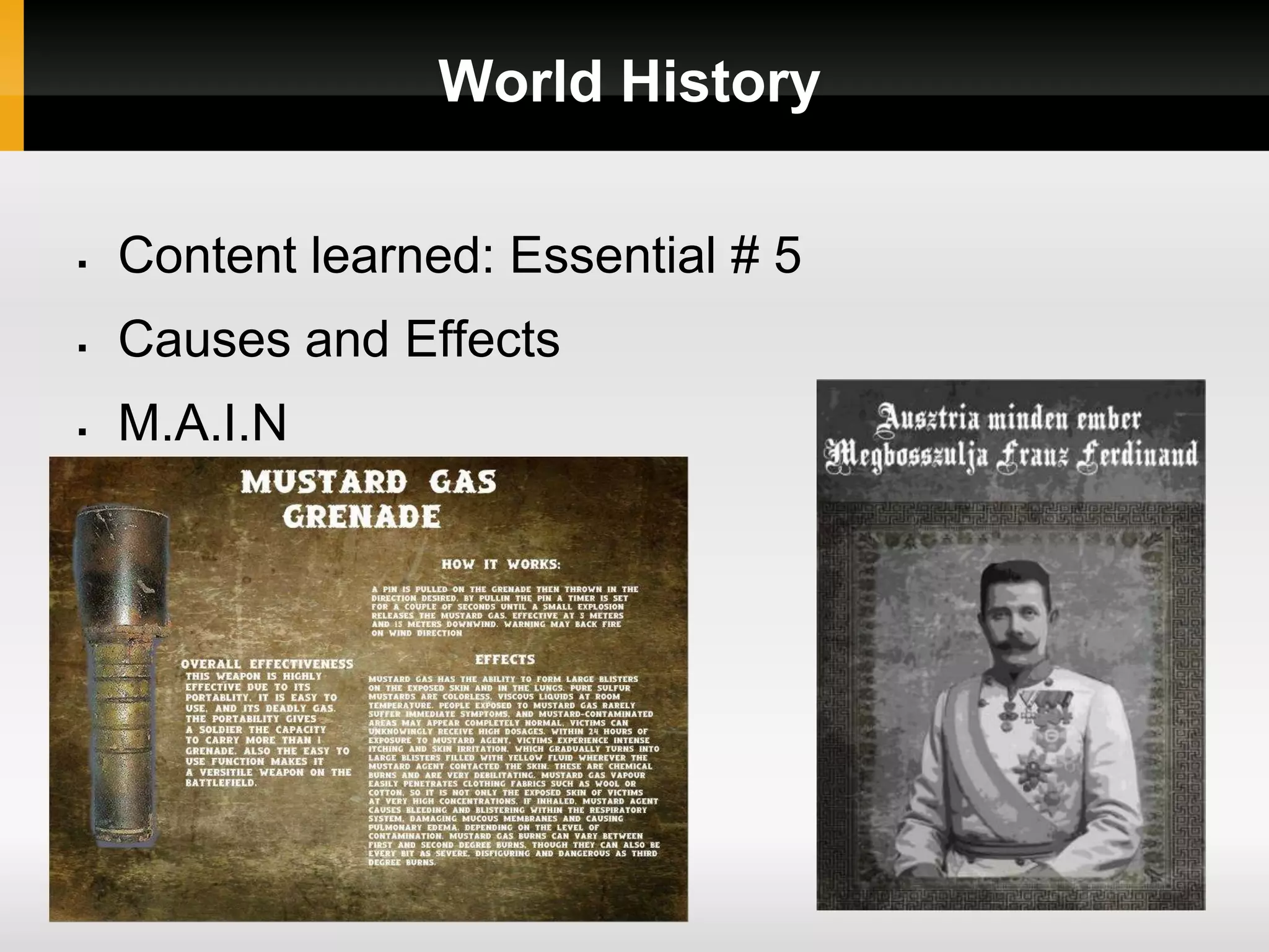 World History
Content learned: Essential # 5
Causes and Effects
M.A.I.N