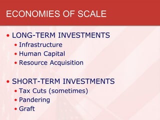 ECONOMIES OF SCALE

• LONG-TERM INVESTMENTS
 • Infrastructure
 • Human Capital
 • Resource Acquisition


• SHORT-TERM INVESTMENTS
 • Tax Cuts (sometimes)
 • Pandering
 • Graft
 