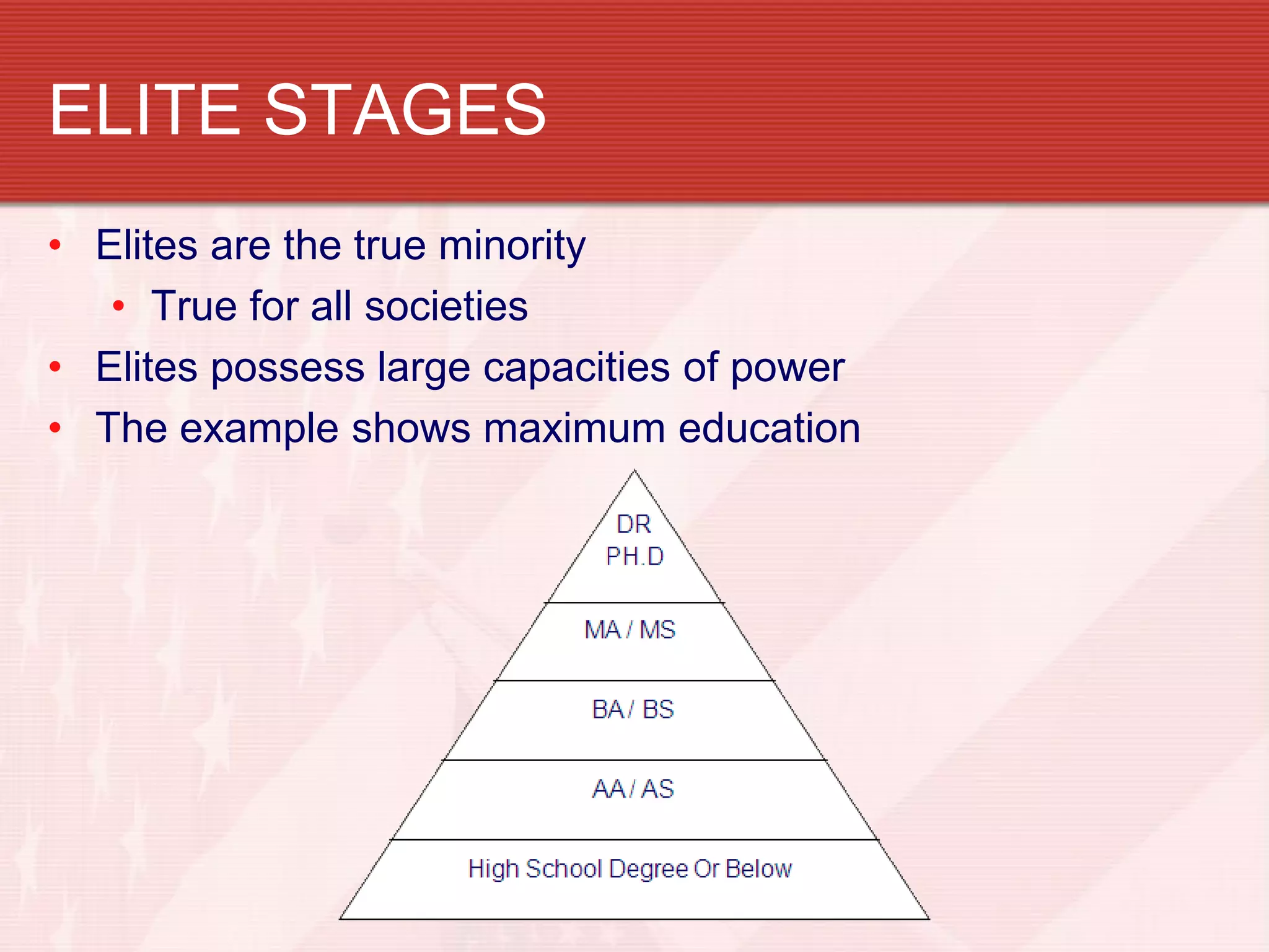 ELITE STAGES
• Elites are the true minority
   • True for all societies
• Elites possess large capacities of power
• The example shows maximum education
 