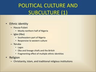 POLITICAL CULTURE AND
             SUBCULTURE (1)
• Ethnic identity
   – Hausa-Fulani
       • Mostly northern half of Nigeria
   – Igbo (Ilbo)
       • Southeastern part of Nigeria
       • Responsive to western culture
   – Yoruba
       • Lagos
       • Oba and lineage chiefs and the British
       • Fragmenting effect of multiple ethnic identities
• Religion
   – Christianity, Islam, and traditional religious institutions
 