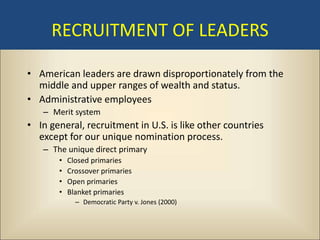 RECRUITMENT OF LEADERS

• American leaders are drawn disproportionately from the
  middle and upper ranges of wealth and status.
• Administrative employees
   – Merit system
• In general, recruitment in U.S. is like other countries
  except for our unique nomination process.
   – The unique direct primary
       •   Closed primaries
       •   Crossover primaries
       •   Open primaries
       •   Blanket primaries
             – Democratic Party v. Jones (2000)
 